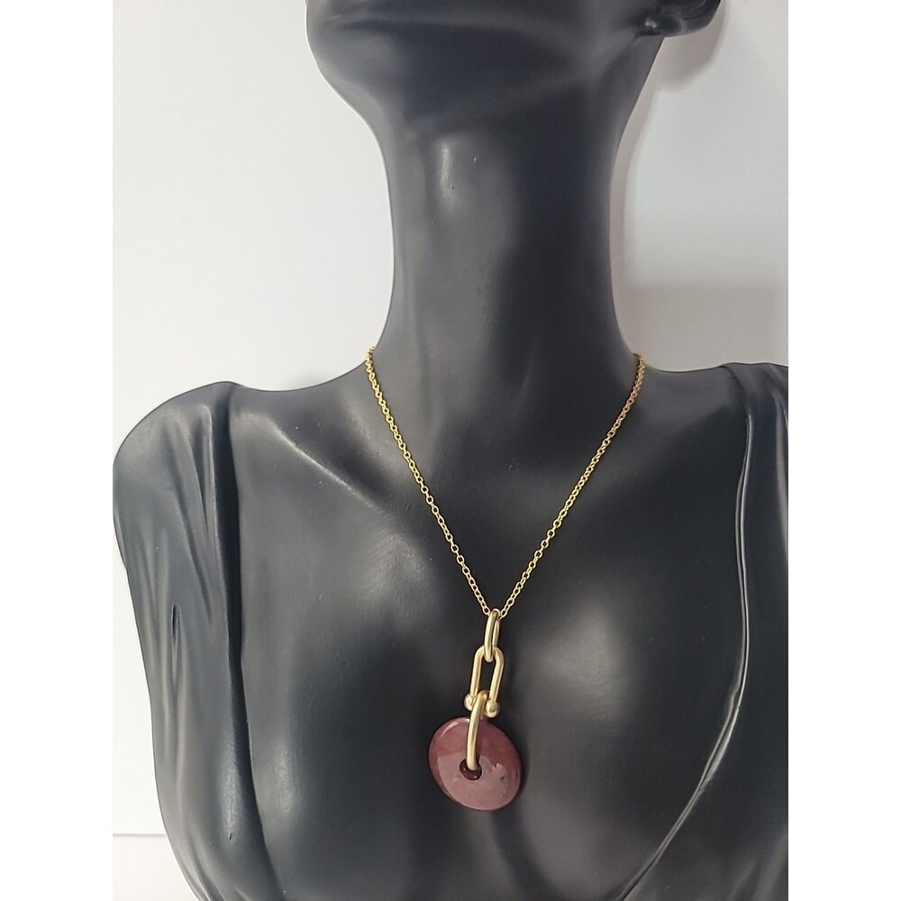 Gold Tone Pink Stone Donut Pendant Necklace Circle Pi Disc Minimalist Modern - Picture 2 of 11